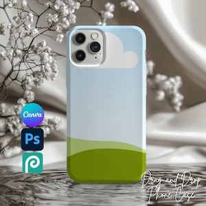May include: A light blue phone case with a sky and cloud design, and a green landscape at the bottom. The case has a camera cutout and the text "Drag and Drop Phone Case".