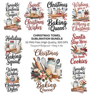 Op de afbeelding: Een kerst-thema sublimatiebundel met diverse ontwerpen met bakelementen. De ontwerpen bevatten potten, deegrollers, koekjes en tekst zoals "Christmas Baking Queen" en "Santa Stop Here".