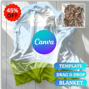 Puede incluir: Una manta blanca con un diseño azul claro y verde. La manta tiene un patrón de calabaza en la esquina. La imagen incluye el texto "Canva", "Template", "Drag & Drop" y "Blanket". Un círculo rojo con "45% OFF" está en la esquina.