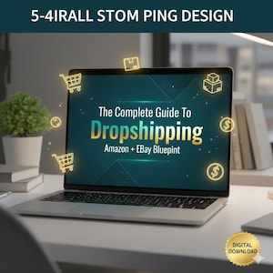 May include: A laptop displaying "The Complete Guide To Dropshipping" with Amazon and eBay information. The screen is teal with gold text and icons of shopping carts, boxes, and dollar signs. A digital download badge is in the corner.