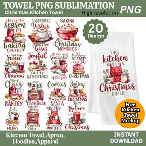 Può includere: Asciugamano da cucina bianco a tema natalizio. L'asciugamano presenta la scritta "This kitchen runs on Christmas cheer" e illustrazioni di utensili da cucina e un grembiule rosso. L'immagine include anche altri disegni a tema natalizio.