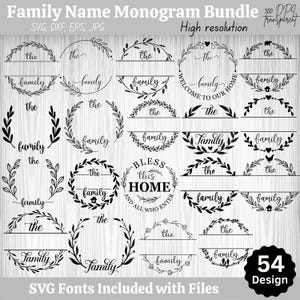 Può includere: Una collezione di 54 design di monogrammi per nomi di famiglia in formati SVG, DXF, EPS e JPG. I design presentano ghirlande floreali ed elementi di testo come "the", "family" e "Bless This Home". Alta risoluzione e trasparente.