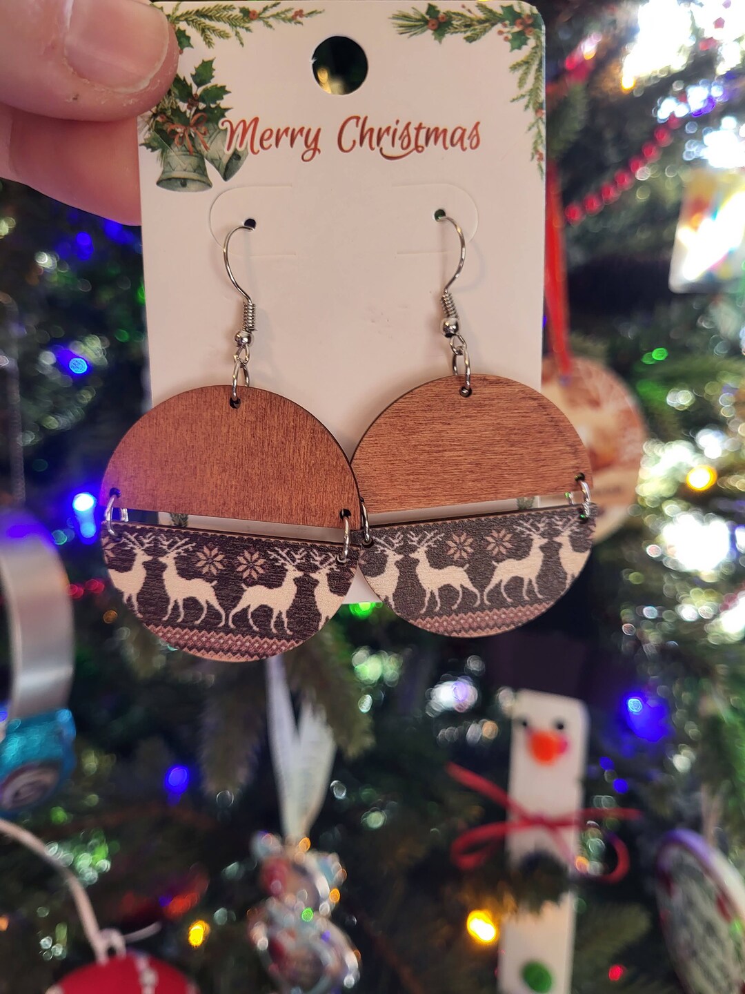 Holiday Reindeer Round Earrings. Wooden Earrings Dangle Etsy