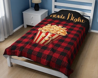 Movie Night Blanket, Cozy and Warm Plush Blanket, Popcorn Blanket, Plaid Blanket, Red Plaid