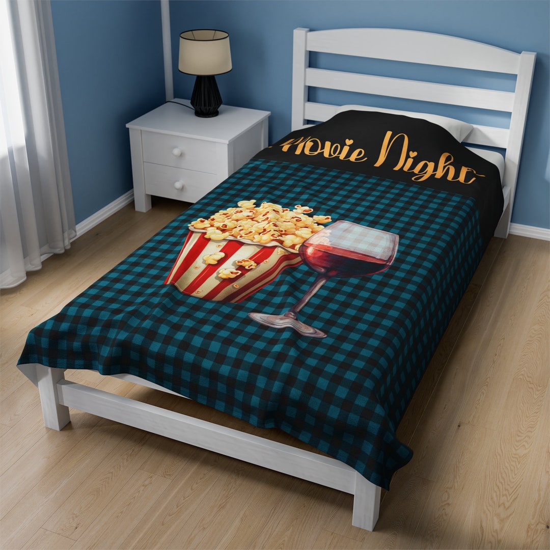 Movie Night Blanket, Cozy and Warm Plush Blanket, Wine and Popcorn