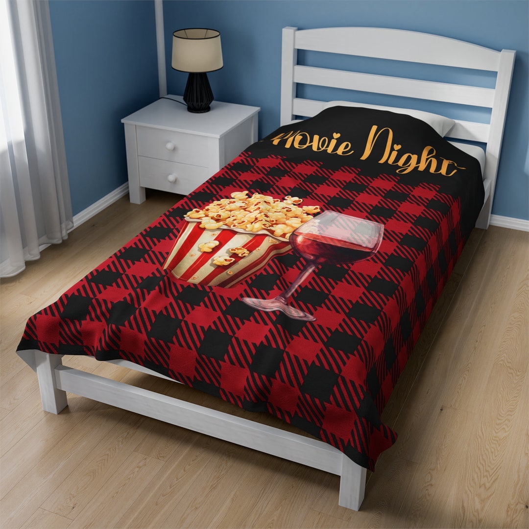 Movie Night Blanket, Cozy and Warm Plush Blanket, Wine and Popcorn