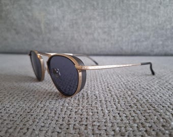 Masunaga Titanium OVAL Sunglasses Model SEDNA Gold  & Black With Blue lenses 49-22