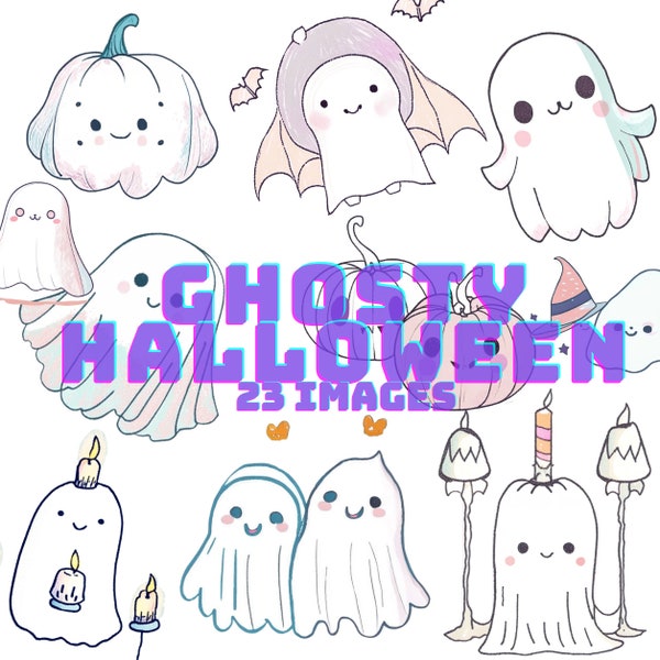 Cute Kawaii Halloween Ghost Clipart Bundle of 23 - Transparent Background Digital Download PNG Graphics - Commercial Use
