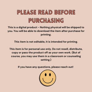May include: A pink background with a white text box that says "PLEASE READ BEFORE PURCHASING". The text box is in a bold, sans-serif font. Below the text box is a paragraph of text that explains that the item is a digital product and that it is not editable. The text is in a smaller, sans-serif font. Below the paragraph of text is a smiley face.