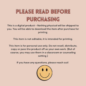 May include: A pink background with a white text box that says "PLEASE READ BEFORE PURCHASING". The text box is in a bold, sans-serif font. Below the text box is a paragraph of text that explains that the item is a digital product and that it is not editable. The text is in a smaller, sans-serif font. Below the paragraph of text is a smiley face.