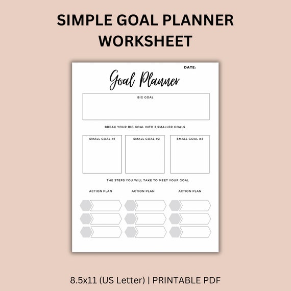 Printable Goal Settings Worksheet, Simple Goal Planner, SMART Goals, Goal Action Plan, Worksheet for Goal Planning