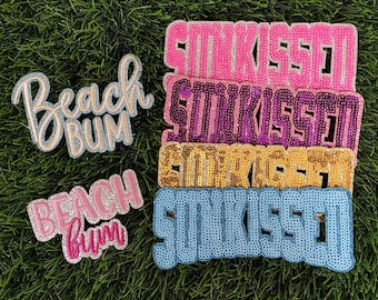 Sunkissed or Beach Bum iron-on sequin patches. Summer patches.