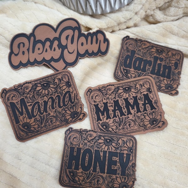 MAMA, Honey, Bless Your Heart, Wifey, Darlin' tooled look leatherette patch with iron-on backing. Custom lettering.