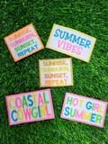 Beach themed iron-on embroidered patches in bright, neon colors.