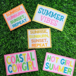 Beach themed iron-on embroidered patches in bright, neon colors.