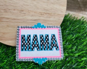 Mama embroidered patch with checked design.