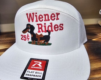 Embroidered weiner rides on a Richardson 112 trucker round bill or 168 flat bill hat