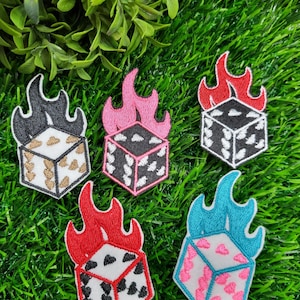 Flaming Dice embroidered iron-on patch on felt. Set of 3.