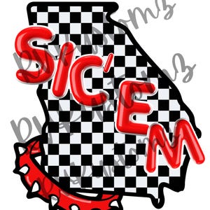 May include: A red and white checkered design in the shape of the state of Georgia with the words "Sic'em" in red 3D letters. A red spiked collar is at the bottom of the design.