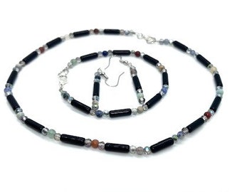 Black Beaded Obsidian Semiprecious Necklace Set