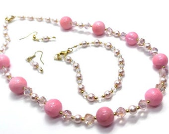 Pink Pearl and Agate Beaded Necklace Set