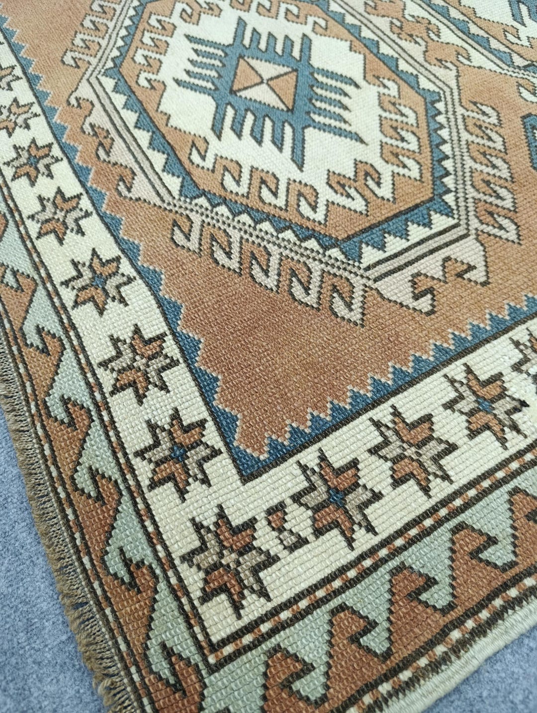 4x5 Ft Rug: Vintage Turkish Square Area Rug, Handwoven Wool Brown Blue ...