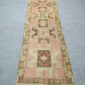 3x11 ft Long Persian Herki Runner Rug – Pink and Brown Vintage Tribal Hallway Carpet – Handmade Wool Runner – Bohemian Entryway Rug.