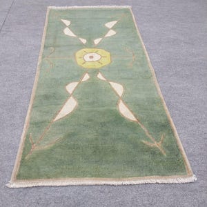 2x4 Ft Rug: Vintage Turkish small Rug, Handwoven Wool Green Brown Neutral color Rugs.
