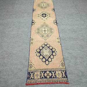 Handmade Turkish Runner Rug 2x11 ft: Vintage Oushak Style, Beige & Navy Wool