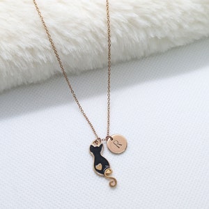 Black Cat Necklace Personalized, Cat Pendant, Rose Gold Necklace, initial necklace, cat lovers gifts uk, cat pendant gifts