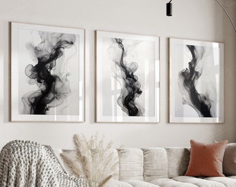 Simple Abstract Black and White Printable Smoke Ink Prints for Modern Home Decor - Minimalist Bedroom Wall Art Set, 3 piece wall art