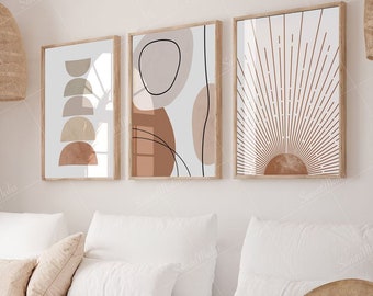 Ensemble d'impressions d'art moderne du milieu du siècle, soleil géométrique, décoration bohème (impression numérique)