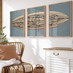 Boho Wood Surfboard Triptych Beach Art Print Set | Surf Wall Art Decor | Digital Printable | Beach House Decor Surf Poster | Beachy Art