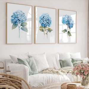 Set of 3 Colorful Blue Hydrangea Digital Prints | Modern Floral Wall Decor | Botanical Blue Flower Wall Art | Instant Download Art Prints