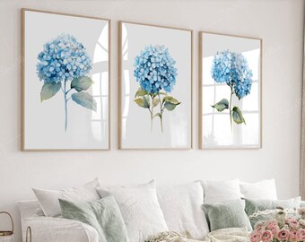 Ensemble d'impressions aquarelle hortensia bleu | Art mural botanique floral (téléchargement numérique)