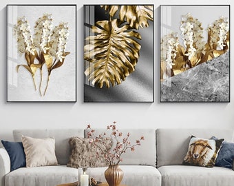 Gold Daisy Monstera Flowers and Leaf, White Floral Marble Wall Art Set - Printable Digital Download, Modern & Trendy