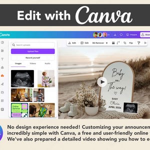 Peut inclure: Interface Canva avec un faire-part de grossesse. L'annonce affiche "Baby on the way!" et comprend une image d'&eacute;chographie. Le logo Canva est visible, ainsi que le texte "Edit with Canva."