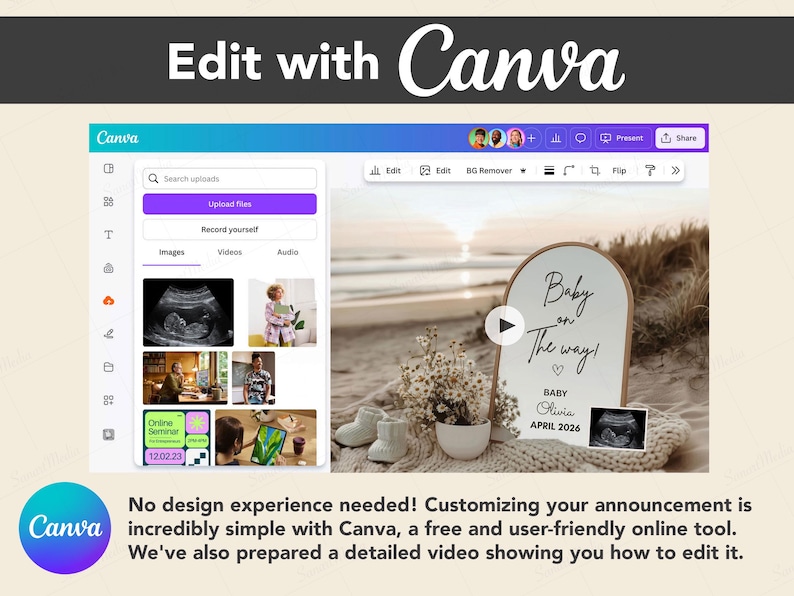 Peut inclure: Interface Canva avec un faire-part de grossesse. L'annonce affiche "Baby on the way!" et comprend une image d'&eacute;chographie. Le logo Canva est visible, ainsi que le texte "Edit with Canva."