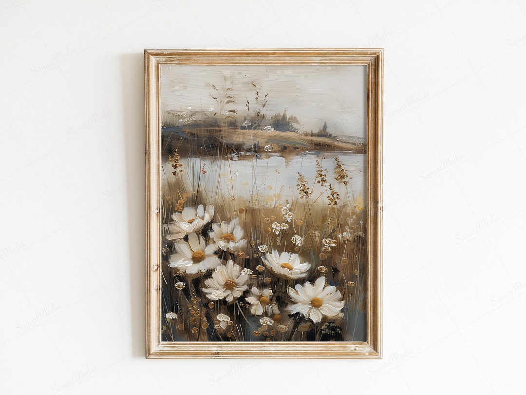 Printable Wildflower Field Landscape Oil Painting Wall Art - Rustic ...
