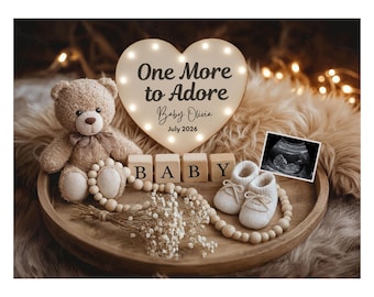 May include: A heartwarming baby announcement scene. A teddy bear, wooden blocks spelling "BABY", and tiny white booties are arranged on a wooden tray. A heart-shaped light with the text "One More to Adore Baby Olivia July 2026" is in the background, along with a sonogram.