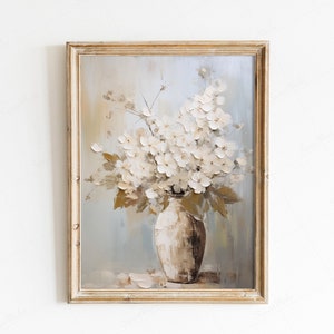 Vintage White Hydrangeas Print - Muted Flower Farmhouse Botanical Wall Decor | Living Room Floral Art | Digital Download PRINTABLE Antique