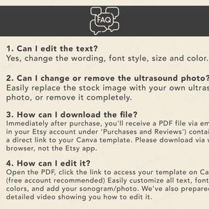 Peut inclure: Graphique cr&egrave;me avec le texte &laquo; FAQ &raquo; dans une bulle de dialogue. L'image r&eacute;pertorie quatre questions et r&eacute;ponses sur la modification d'un mod&egrave;le, notamment la modification du texte, le remplacement des photos, le t&eacute;l&eacute;chargement de fichiers et la modification du mod&egrave;le.