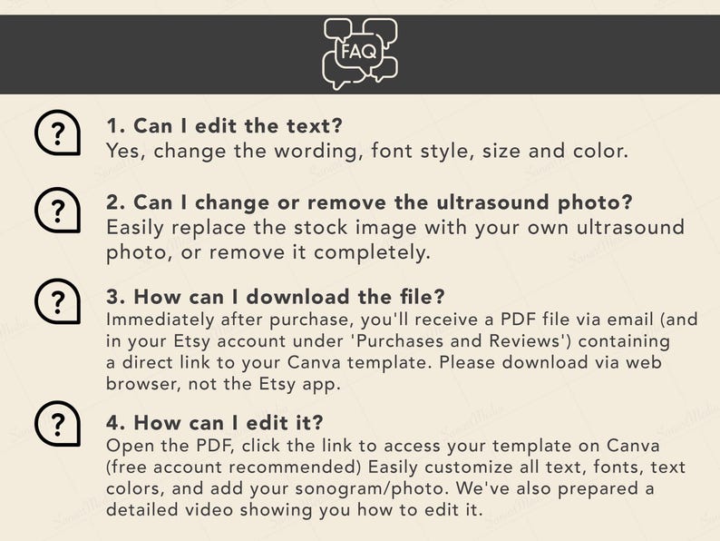 Peut inclure: Graphique cr&egrave;me avec le texte &laquo; FAQ &raquo; dans une bulle de dialogue. L'image r&eacute;pertorie quatre questions et r&eacute;ponses sur la modification d'un mod&egrave;le, notamment la modification du texte, le remplacement des photos, le t&eacute;l&eacute;chargement de fichiers et la modification du mod&egrave;le.