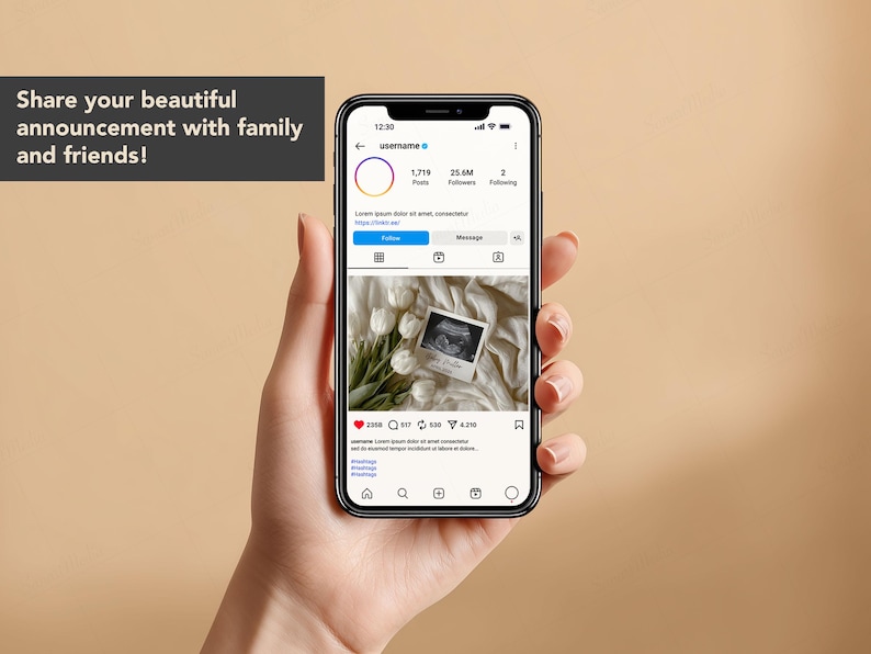 May include: A smartphone displaying an Instagram post with a pregnancy announcement. The screen shows a photo of a sonogram, flowers, and the text "Baby Brother." The caption reads, "Share your beautiful announcement with family and friends!"