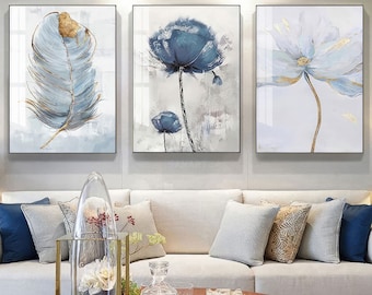 Blue Gold Floral Feather Poppy Flower Digital Printable Wall Art Prints Set of 3, Download 3 Piece Modern Gallery Decor Set indigo navy dark