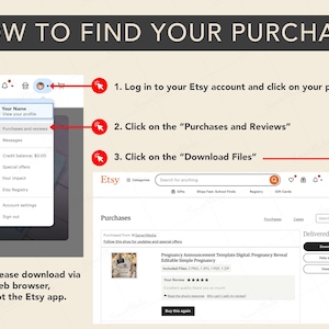 Peut inclure: Un guide d'achat Etsy avec des captures d'&eacute;cran. L'image montre comment trouver un achat en se connectant &agrave; un compte Etsy, en cliquant sur l'ic&ocirc;ne de profil, puis sur "Achats et avis", et enfin sur "T&eacute;l&eacute;charger les fichiers". Le texte dit "COMMENT TROUVER VOTRE ACHAT".