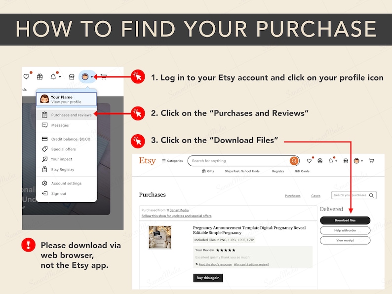 Peut inclure: Un guide d'achat Etsy avec des captures d'&eacute;cran. L'image montre comment trouver un achat en se connectant &agrave; un compte Etsy, en cliquant sur l'ic&ocirc;ne de profil, puis sur "Achats et avis", et enfin sur "T&eacute;l&eacute;charger les fichiers". Le texte dit "COMMENT TROUVER VOTRE ACHAT".