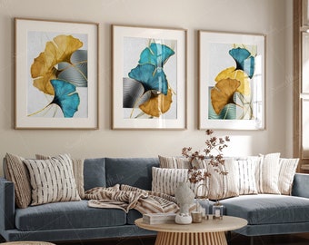 Gingko Leaf Nordic Wall Art Prints - Blue Gold Yellow Leaves - Set of 3 - Botanical Tropical Scandinavian - Perfect for Living Room Decor!