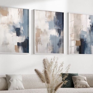 Conjunto de impressão de arte abstrata azul marinho - decoração de parede moderna e minimalista - conjunto de pôster de pinceladas imprimíveis de 3