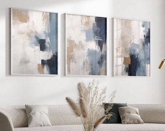 Navy Blue Abstract Art Print Set - Modern Minimalist Wall Decor - Printable Brush Strokes Poster Set of 3